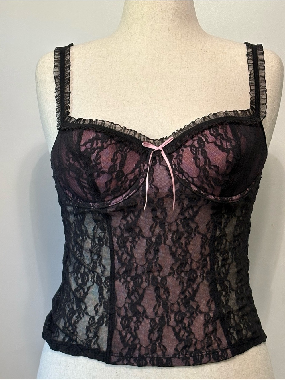 Vtg Victoria’s Secret Black Pink Lace Bustier Corset Top L